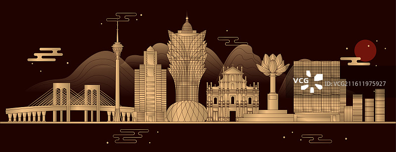 澳门地标建筑城市天际线矢量图新葡京 大三巴 澳门塔 西湾大桥 银行大厦 金莲花广场图片素材