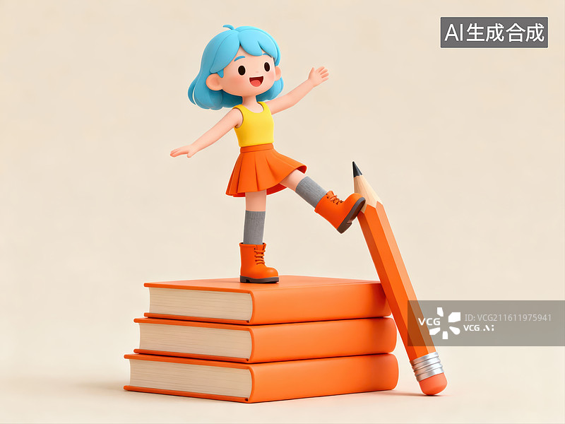 【AI数字艺术】卡通女孩站在书本上踩铅笔图片素材