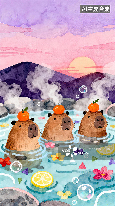 【AI数字艺术】手绘水彩多巴胺涂鸦可爱水豚卡皮巴拉壁纸背景插画图片素材