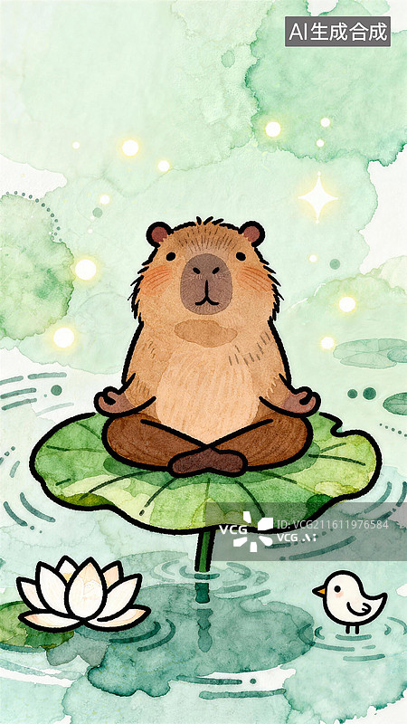 【AI数字艺术】手绘水彩多巴胺涂鸦可爱水豚卡皮巴拉壁纸背景插画图片素材
