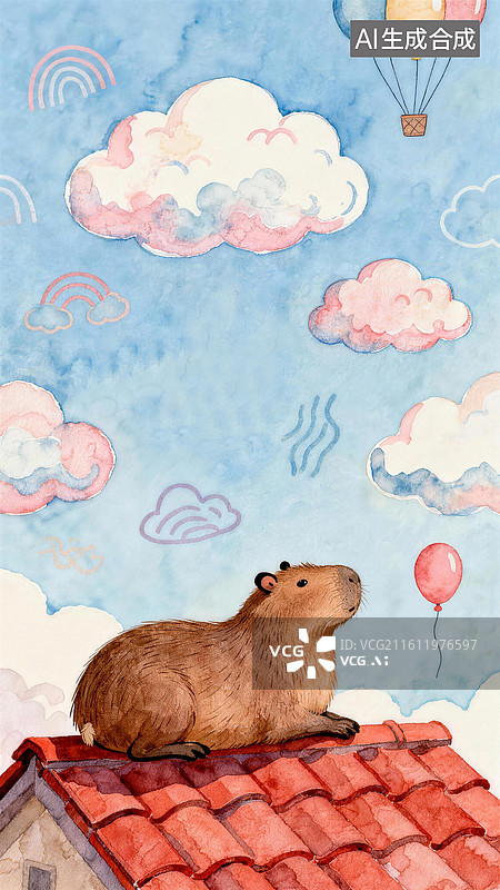 【AI数字艺术】手绘水彩多巴胺涂鸦可爱水豚卡皮巴拉壁纸背景插画图片素材