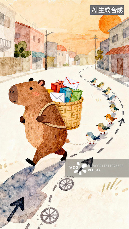 【AI数字艺术】手绘水彩多巴胺涂鸦可爱水豚卡皮巴拉壁纸背景插画图片素材