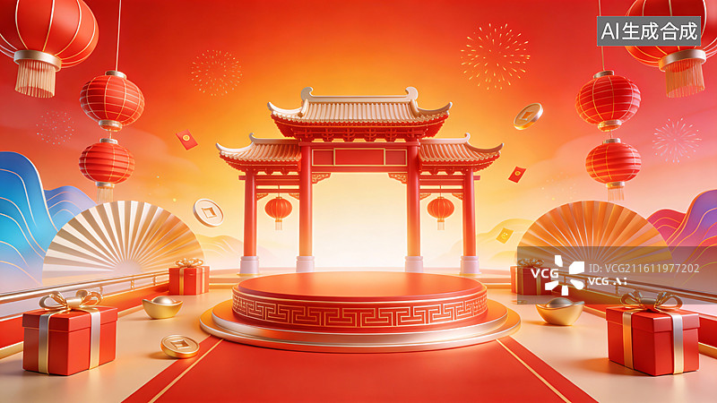 【AI数字艺术】喜庆舞台背景图片素材