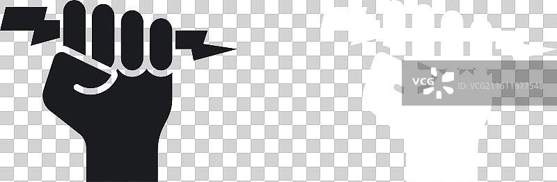 白色背景上的带电源图标的手图片素材