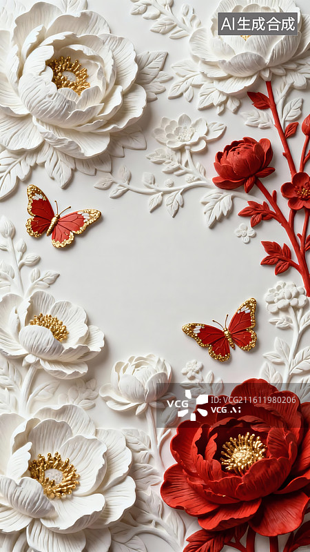 【AI数字艺术】白色牡丹立体浮雕3D效果图片素材