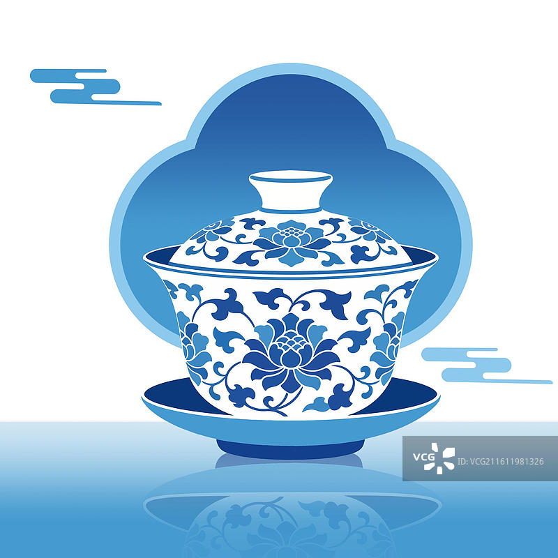 青花瓷茶杯中国风蓝色投影logo扁平插画图片素材