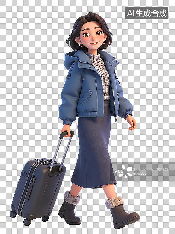 【AI数字艺术】年轻女性，面带微笑，拉着行李箱，穿蓝色外套灰色毛衣和裙子，黑色靴子，是游客图片素材