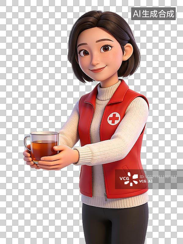 【AI数字艺术】女性志愿者面带微笑，手持茶杯，身着红色马甲和白色毛衣，搭配黑色裤子图片素材