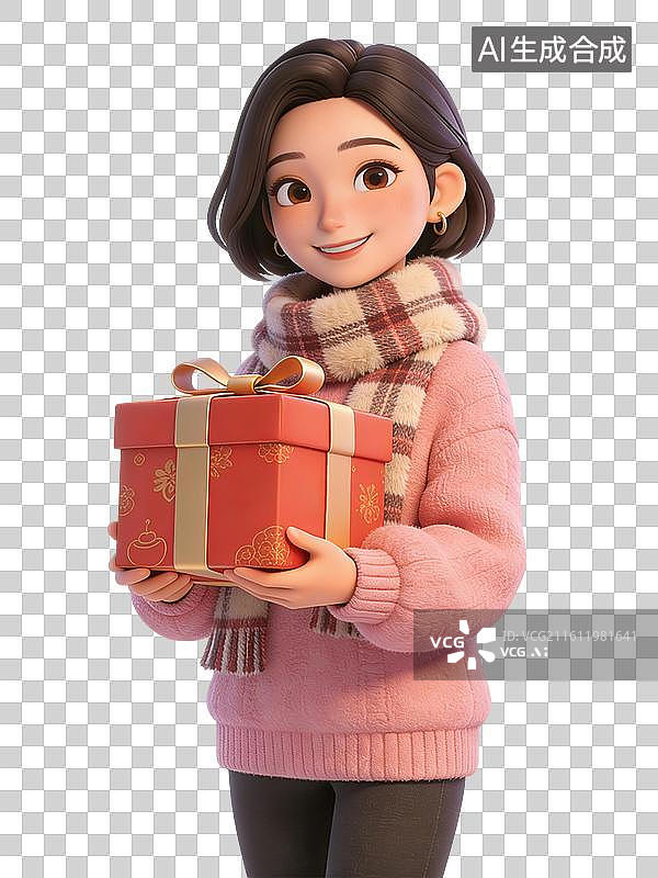 【AI数字艺术】年轻女性面带微笑，手持礼物盒，身着粉色毛衣与格子围巾，温暖而亲切图片素材