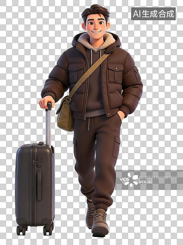 【AI数字艺术】年轻男性，面带微笑，拖着行李箱，穿着冬季外套和工装裤，背着斜挎包，是游客图片素材