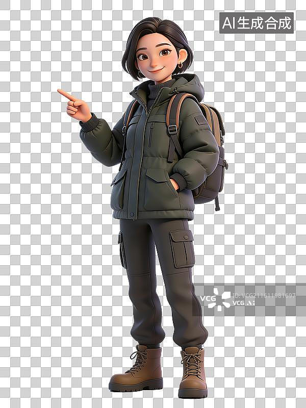 【AI数字艺术】年轻女性，面带微笑，手指前方，背着背包，穿着夹克、裤子、靴子，是户外爱好者图片素材