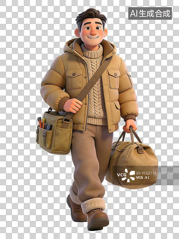 【AI数字艺术】年轻男性，面带微笑，手持包袋，穿着冬季外套毛衣和靴子，是学生或游客图片素材