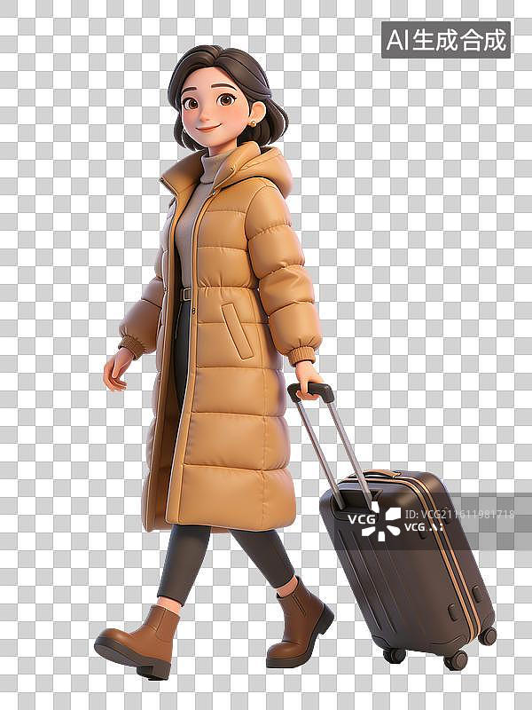 【AI数字艺术】年轻女性，面带微笑，穿着棕色长款羽绒服和靴子，拖着行李箱，在旅行图片素材