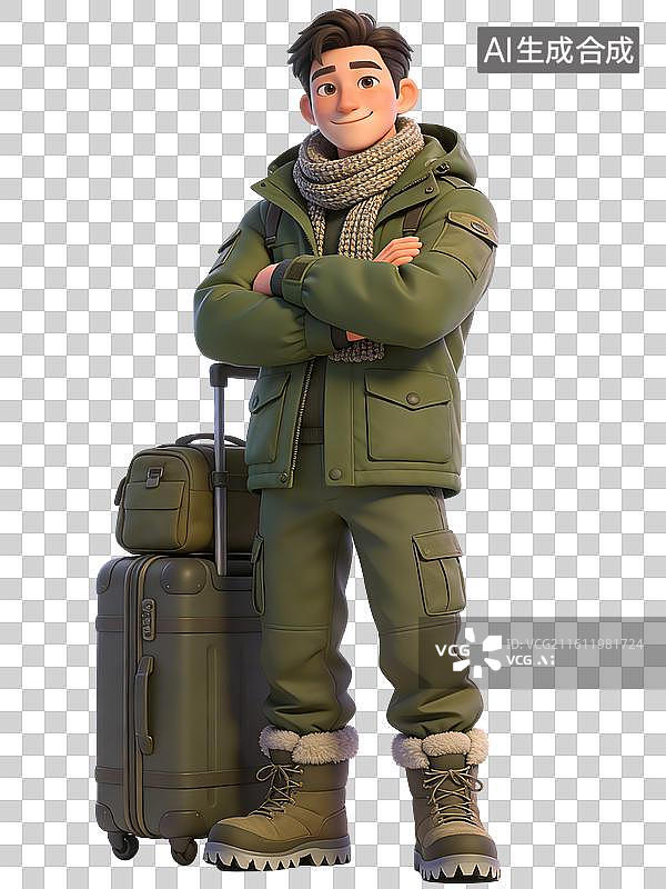 【AI数字艺术】年轻男性面带微笑，双臂交叉，身着绿色冬装，佩戴围巾，拖着行李箱准备旅行图片素材