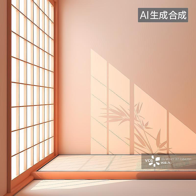 【AI数字艺术】极简风格木制推拉门空间插画图片素材