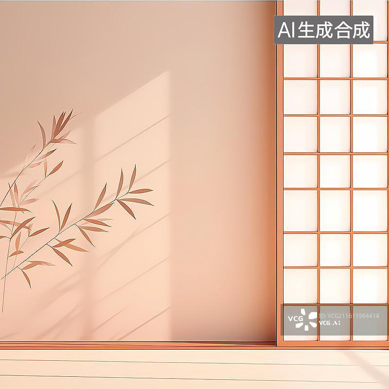 【AI数字艺术】极简风格木制推拉门空间插画图片素材