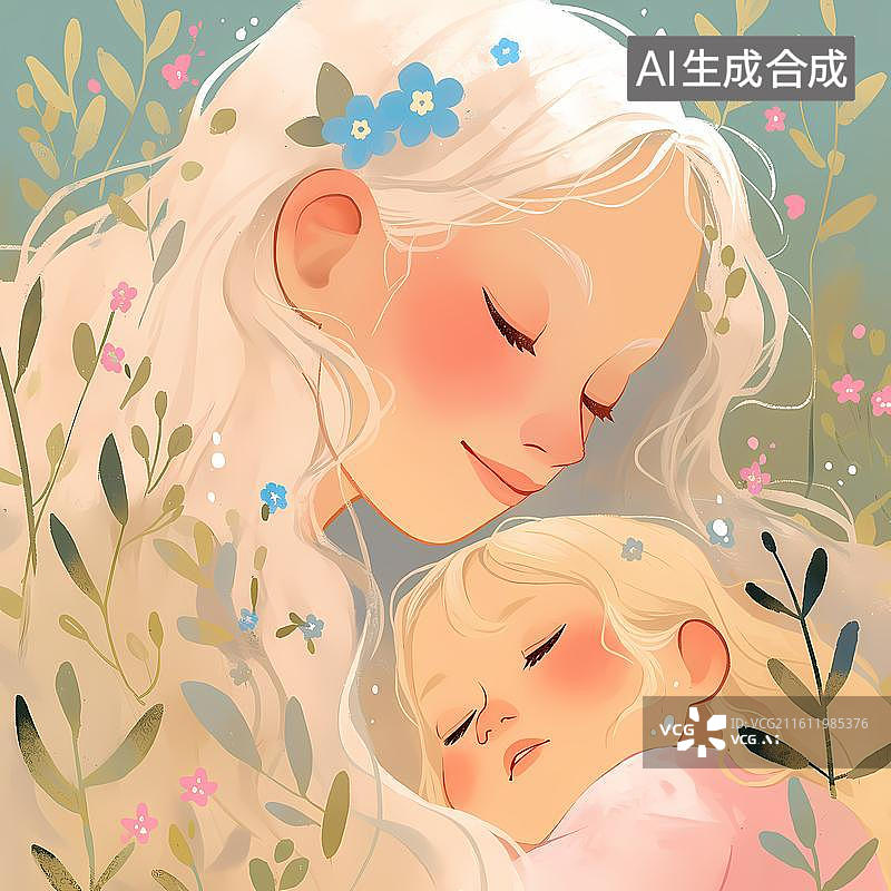 【AI数字艺术】花丛下的母女安睡背景图片素材