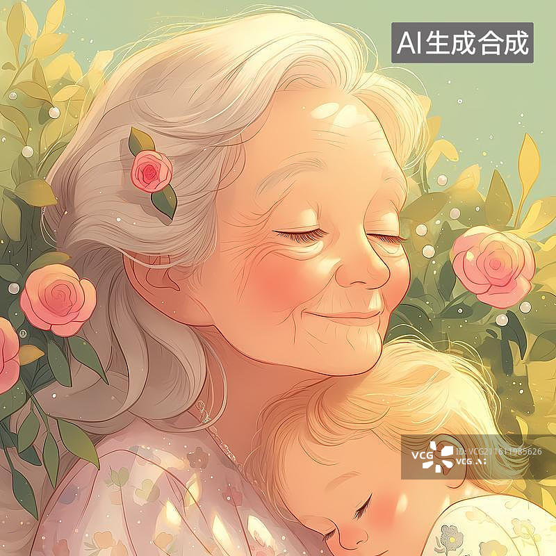 【AI数字艺术】花丛下的祖孙安睡陪伴背景图片素材