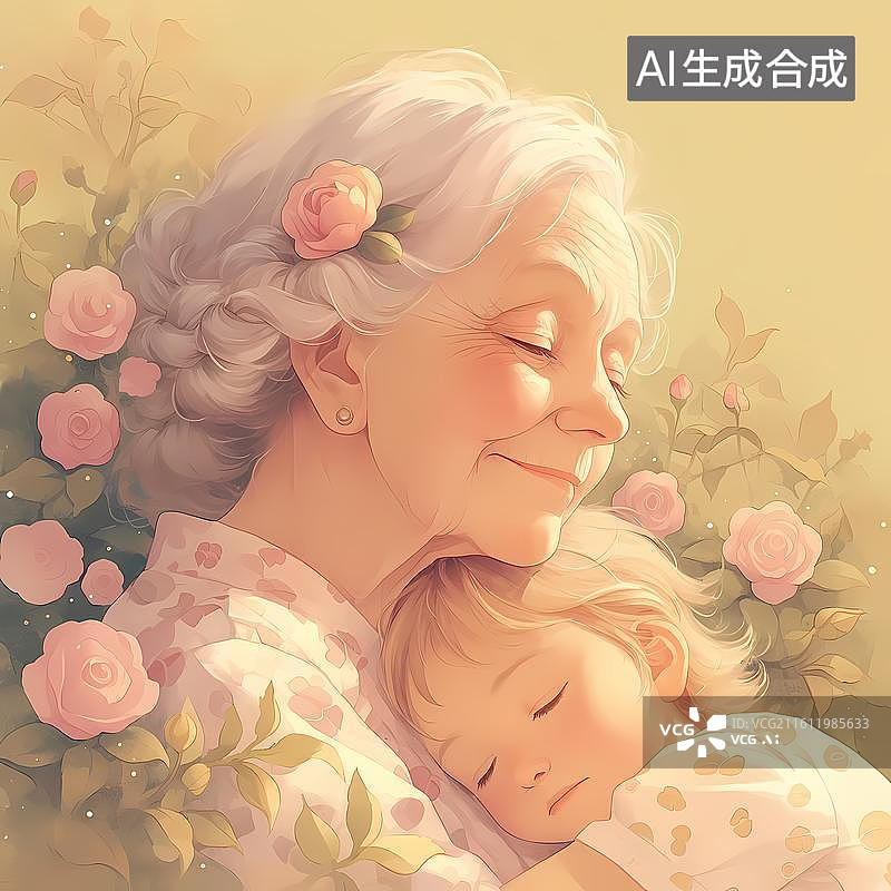 【AI数字艺术】花丛下的祖孙安睡陪伴背景图片素材