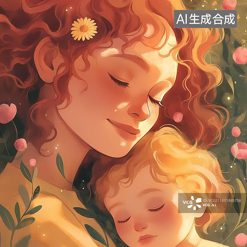 【AI数字艺术】花丛下的红发母女安睡陪伴背景图片素材