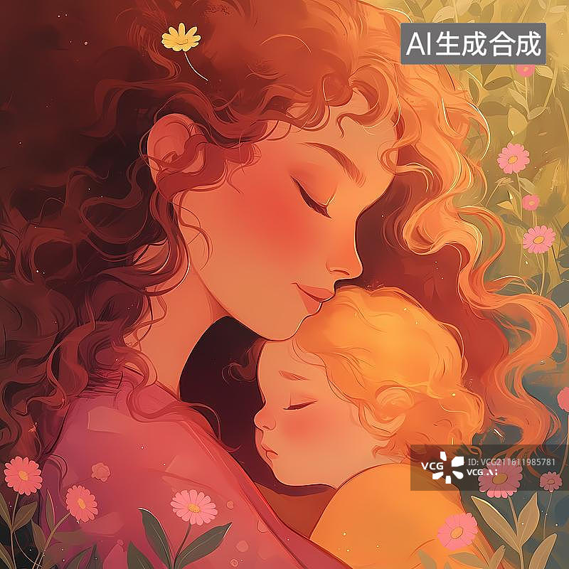 【AI数字艺术】花丛下的红发母女安睡陪伴背景图片素材