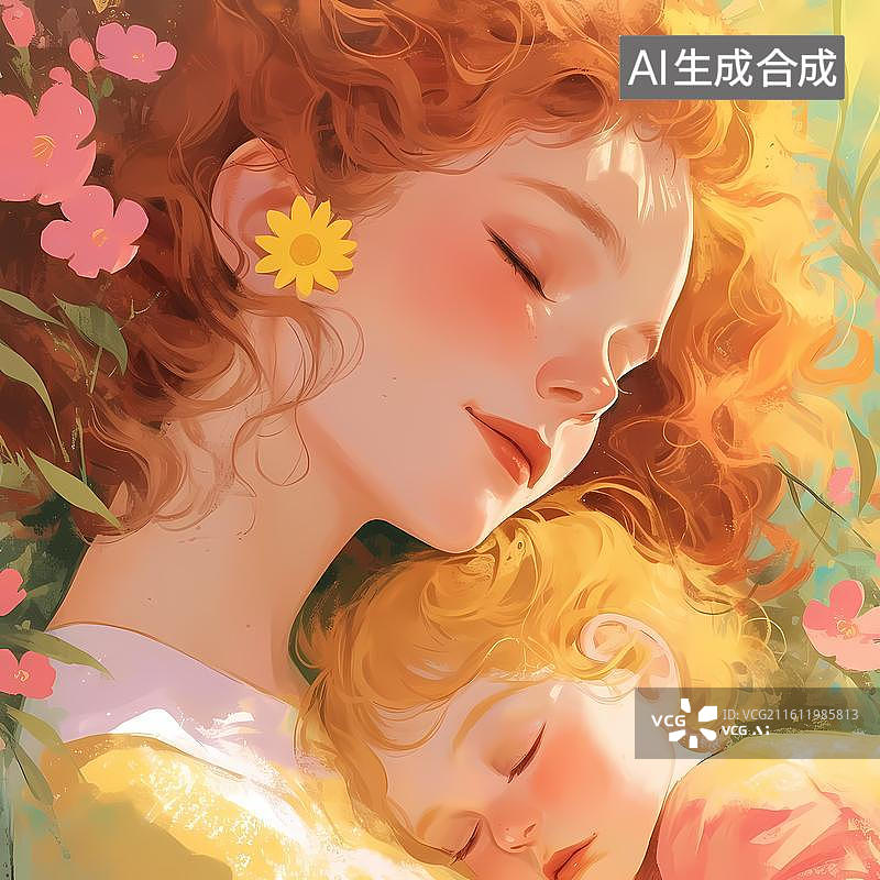 【AI数字艺术】花丛下的红发母女安睡陪伴背景图片素材
