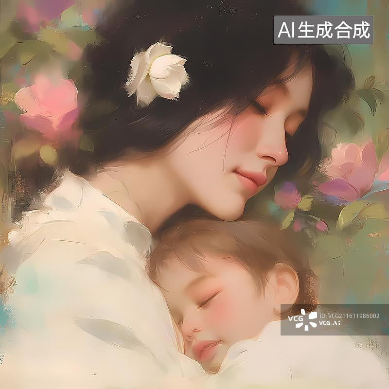 【AI数字艺术】花丛下的母女安睡陪伴背景图片素材