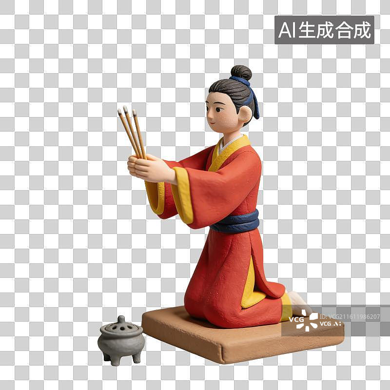【AI数字艺术】3D立体中国的传统装束男子手持三炷香跪在蒲团上祭拜祖先神明元素图片素材