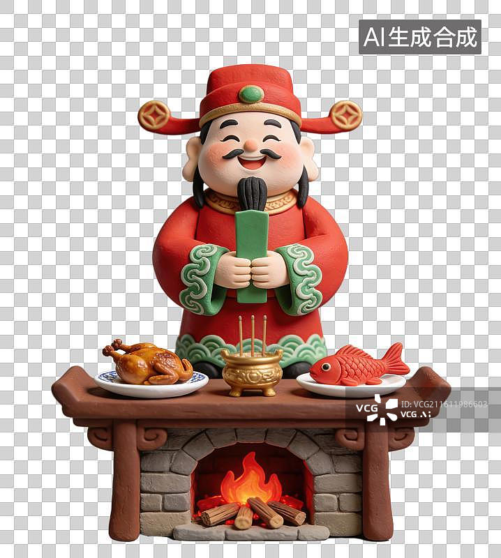 【AI数字艺术】3D立体国风柴火灶上的灶王爷元素图片素材