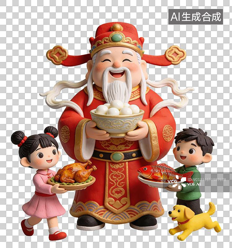 【AI数字艺术】3D立体财神爷及童男童女拿着供奉元素图片素材