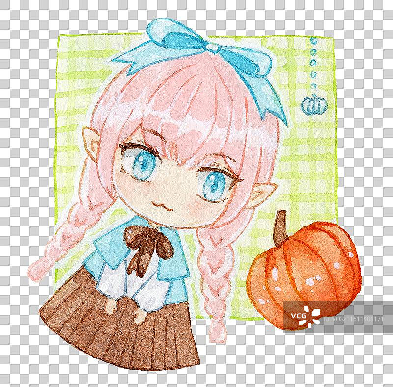 头戴蝴蝶结的粉色头发Q版手绘水彩插画图片素材