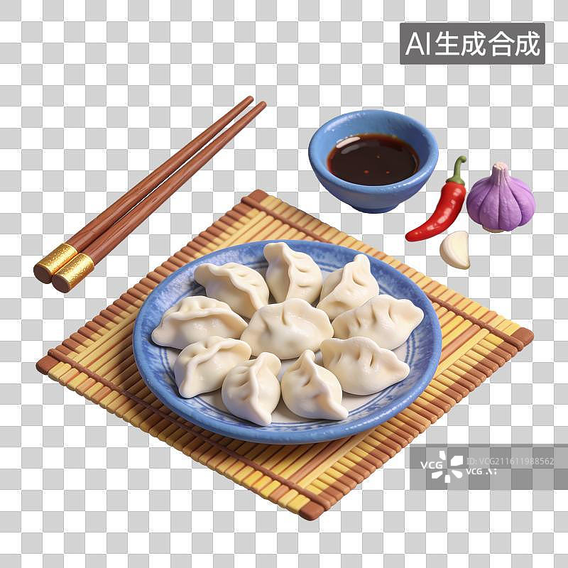 【AI数字艺术】3D立体春节大年初一家庭瓷盘装着饺子和一碟醋元素图片素材