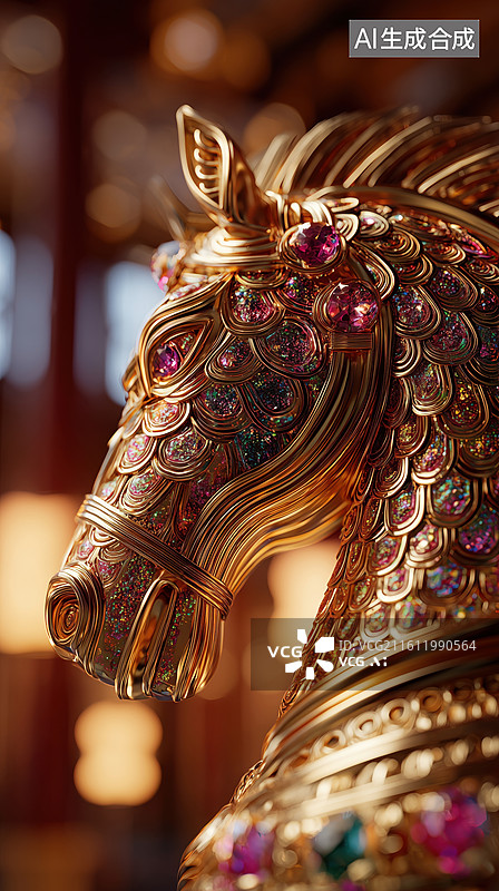 【AI数字艺术】彩色宝石装饰的马3D立体金色骏马塑像图片素材