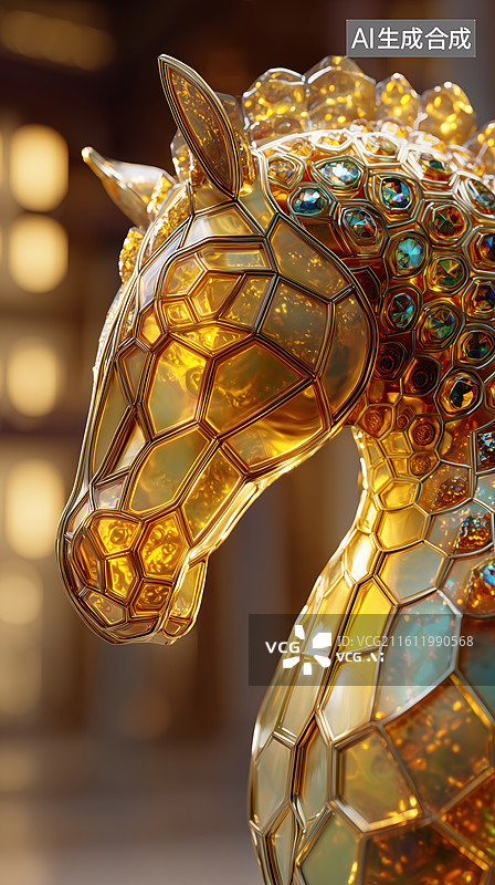 【AI数字艺术】彩色宝石装饰的马3D立体金色骏马塑像图片素材