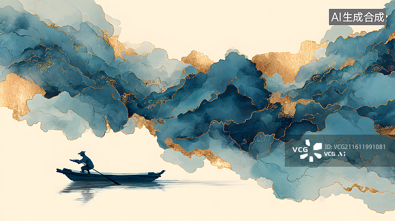 【AI数字艺术】水墨画风渔舟云海意境图图片素材
