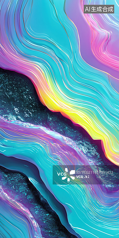 【AI数字艺术】神秘治愈流光溢彩的五彩层叠岩石3D立体荧光色流体背景图片素材