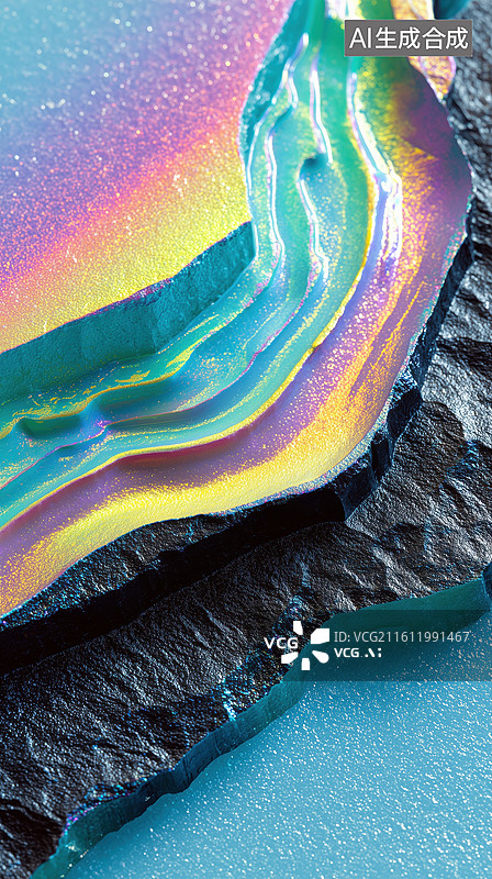 【AI数字艺术】神秘治愈流光溢彩的五彩层叠岩石3D立体荧光色流体背景图片素材