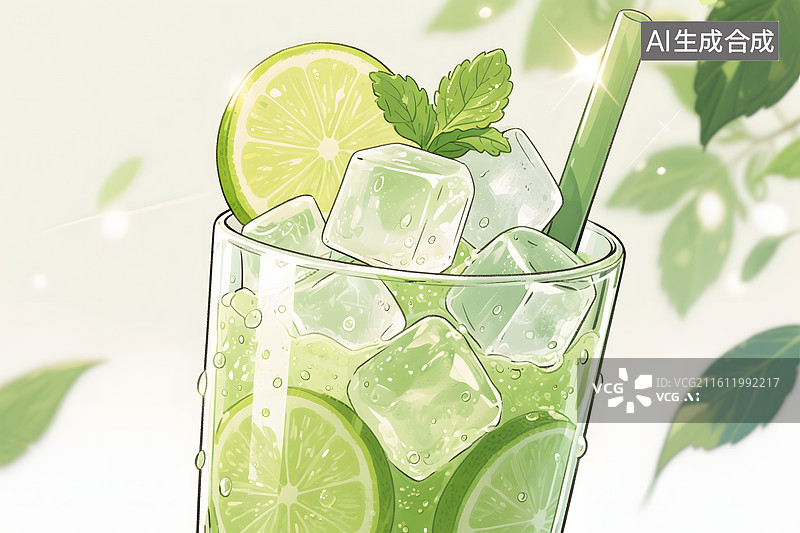 【AI数字艺术】手绘香水柠檬青柠薄荷水莫吉托图片素材