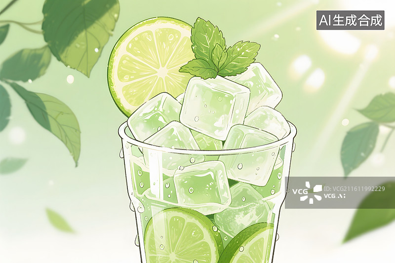【AI数字艺术】手绘香水柠檬青柠薄荷水莫吉托图片素材