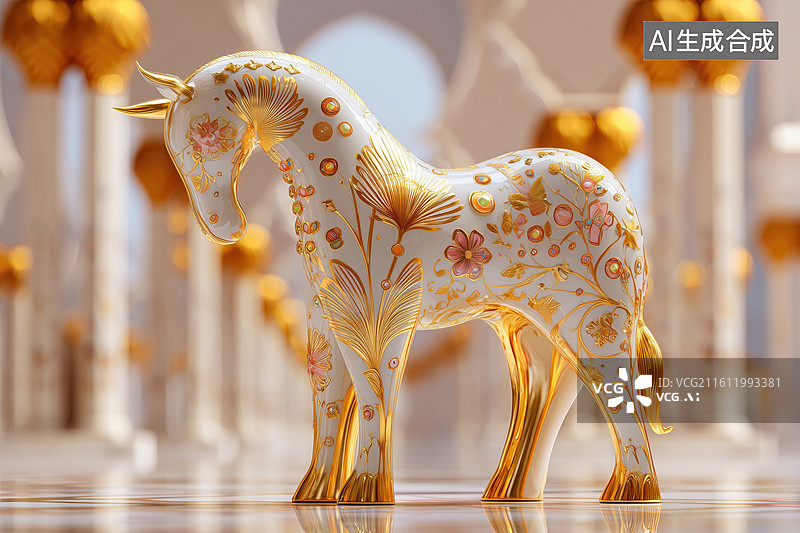 【AI数字艺术】金碧辉煌的展厅白色描金图案的陶瓷骏马3D艺术品马卡通立体插画图片素材