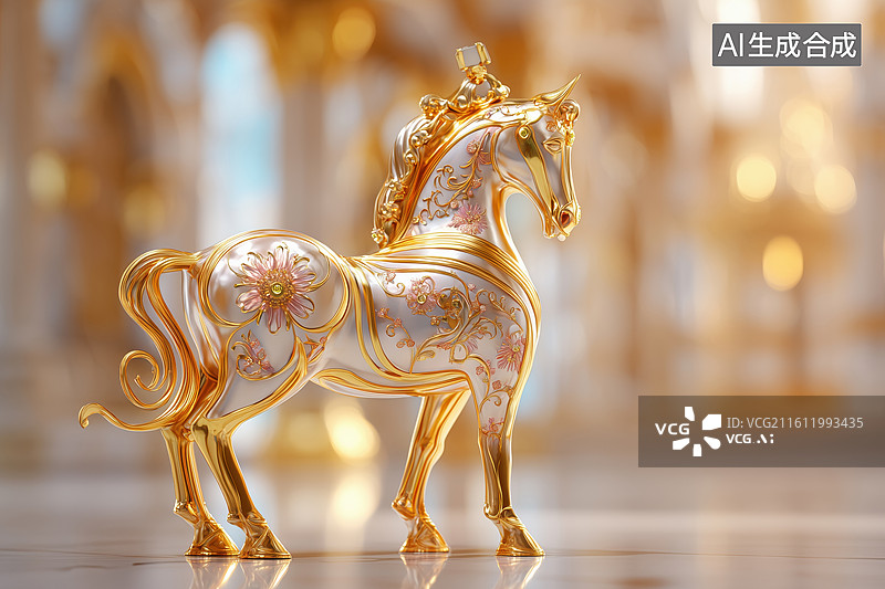 【AI数字艺术】金碧辉煌的展厅白色描金图案的陶瓷骏马3D艺术品马卡通立体插画图片素材