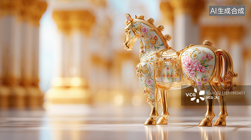 【AI数字艺术】金碧辉煌的展厅白色描金图案的陶瓷骏马3D艺术品马卡通立体插画图片素材