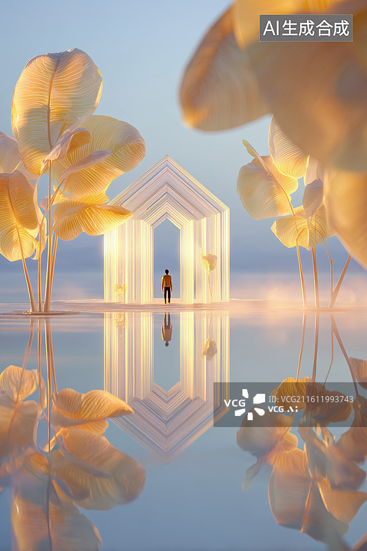 【AI数字艺术】清新水边倒影超现实生态建筑前站立的小人3D立体插画图片素材