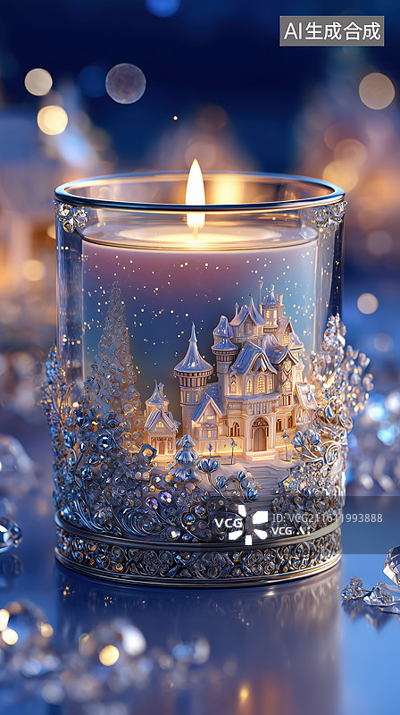 【AI数字艺术】下雪天蓝色月光下欧式建筑图案的精致祈福蜡烛3D场景图片素材