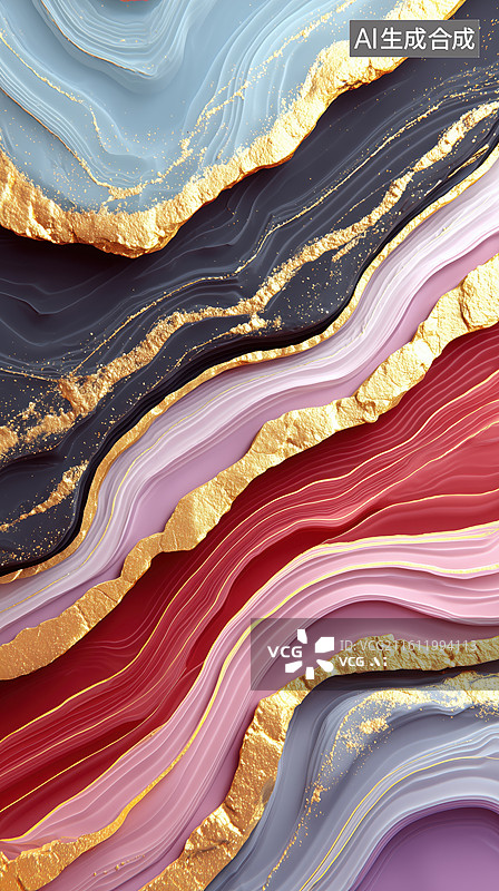 【AI数字艺术】神秘黑色华丽五彩层叠岩石3D立体荧光色流体背景图片素材