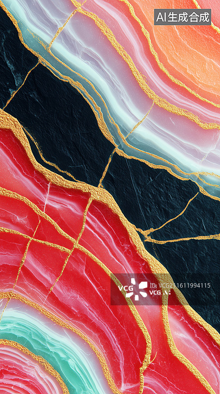 【AI数字艺术】神秘黑色华丽五彩层叠岩石3D立体荧光色流体背景图片素材