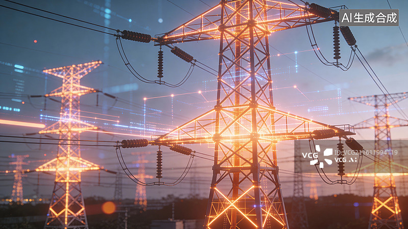 【AI数字艺术】黄昏时分的高压输电塔图片素材