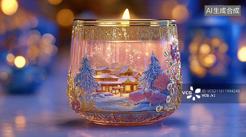 【AI数字艺术】下雪夜晚精致华丽的有中式建筑图案的祈福蜡烛3D场景图片素材