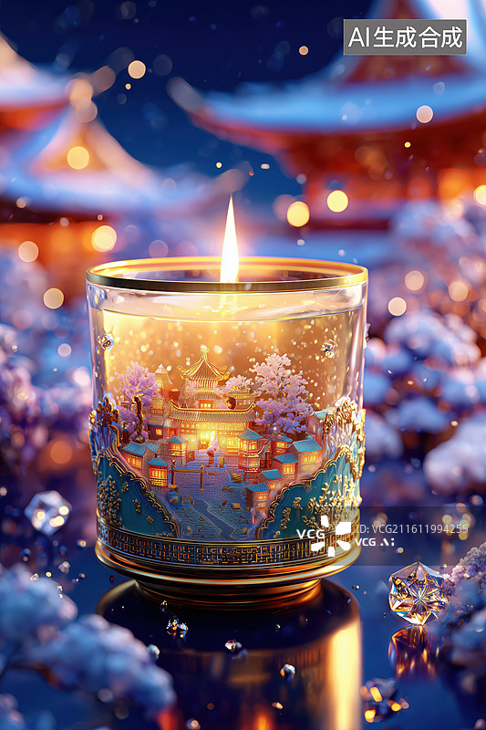 【AI数字艺术】下雪夜晚精致华丽的有中式建筑图案的祈福蜡烛3D场景图片素材
