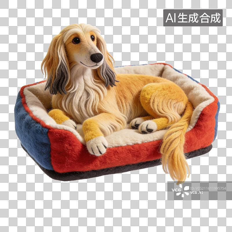【AI数字艺术】阿富汗猎犬舒适躺卧蓝色宠物床图片素材